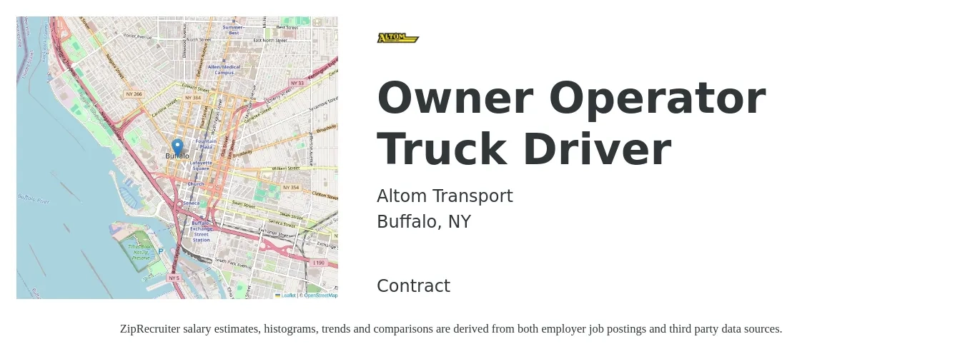 Altom Transport job posting for a Owner Operator Truck Driver in Buffalo, NY with a salary of $2,420 to $6,590 Weekly with a map of Buffalo location.