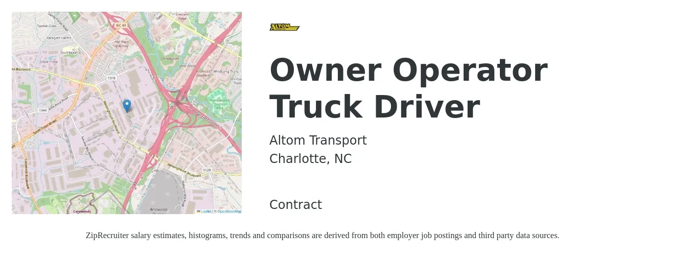 Altom Transport job posting for a Owner Operator Truck Driver in Charlotte, NC with a salary of $2,440 to $6,640 Weekly with a map of Charlotte location.