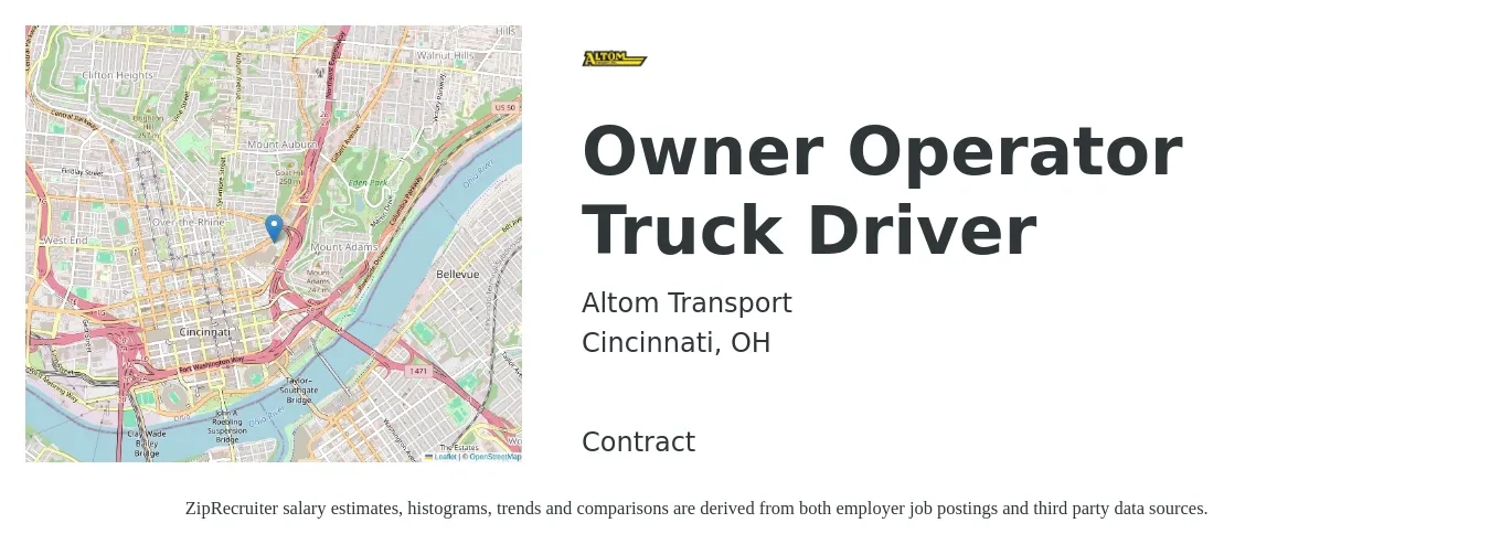 Altom Transport job posting for a Owner Operator Truck Driver in Cincinnati, OH with a salary of $2,400 to $6,520 Weekly with a map of Cincinnati location.