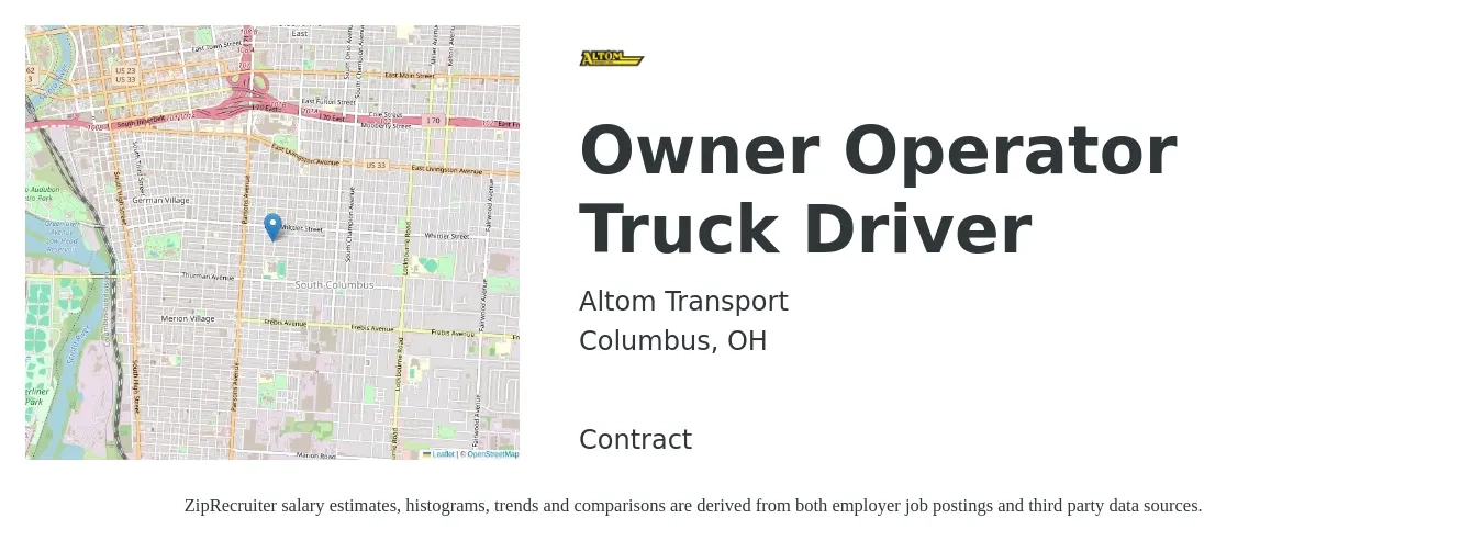 Altom Transport job posting for a Owner Operator Truck Driver in Columbus, OH with a salary of $2,410 to $6,570 Weekly with a map of Columbus location.