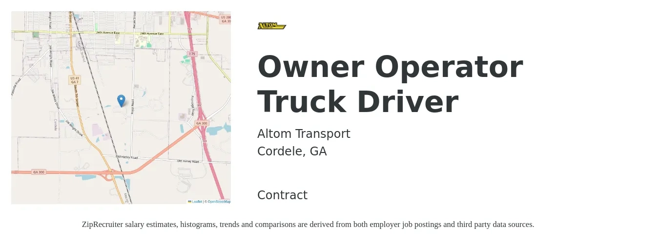Altom Transport job posting for a Owner Operator Truck Driver in Cordele, GA with a salary of $2,120 to $5,760 Weekly with a map of Cordele location.