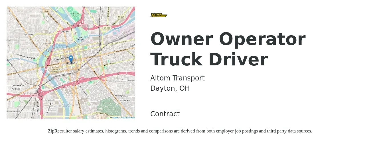 Altom Transport job posting for a Owner Operator Truck Driver in Dayton, OH with a salary of $2,430 to $6,610 Weekly with a map of Dayton location.