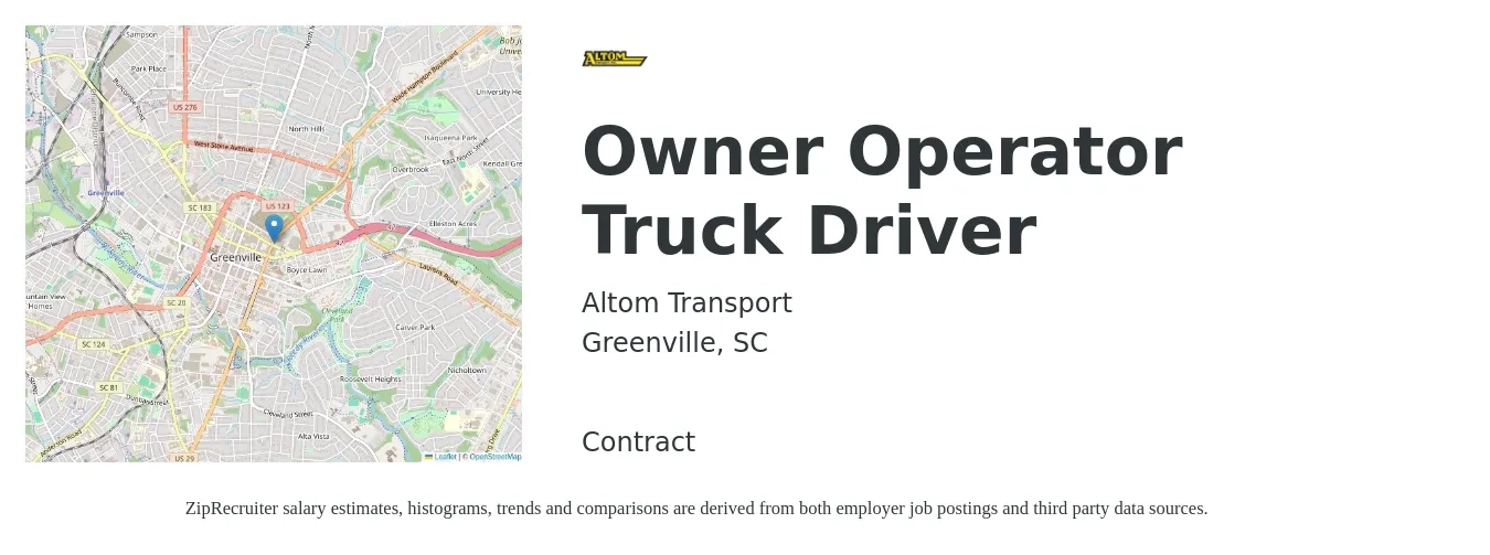 Altom Transport job posting for a Owner Operator Truck Driver in Greenville, SC with a salary of $2,350 to $6,390 Weekly with a map of Greenville location.