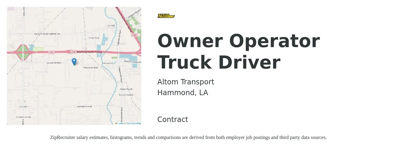 Altom Transport job posting for a Owner Operator Truck Driver in Hammond, LA with a salary of $2,060 to $5,600 Weekly with a map of Hammond location.
