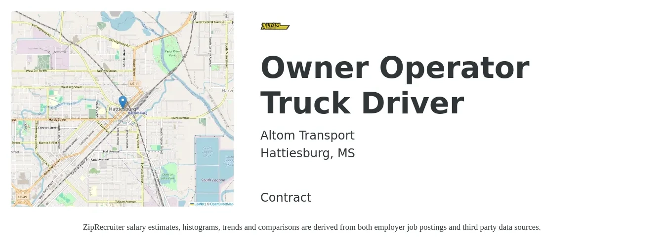 Altom Transport job posting for a Owner Operator Truck Driver in Hattiesburg, MS with a salary of $2,480 to $6,740 Weekly with a map of Hattiesburg location.