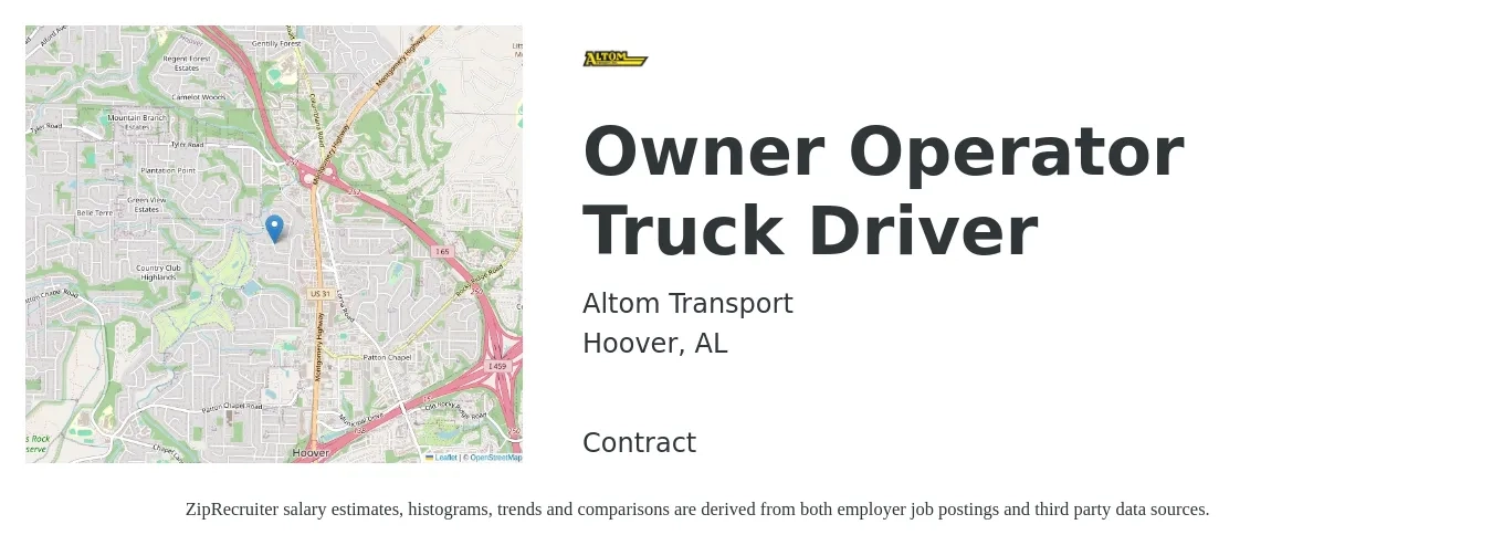 Altom Transport job posting for a Owner Operator Truck Driver in Hoover, AL with a salary of $2,210 to $6,000 Weekly with a map of Hoover location.