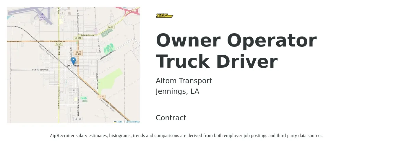Altom Transport job posting for a Owner Operator Truck Driver in Jennings, LA with a salary of $2,260 to $6,150 Weekly with a map of Jennings location.