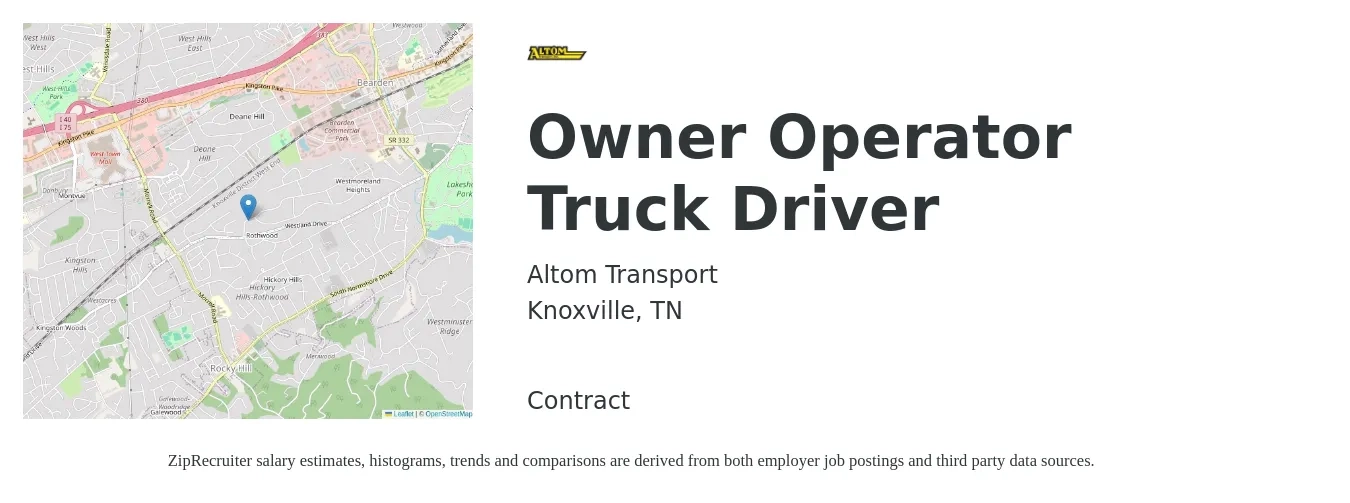 Altom Transport job posting for a Owner Operator Truck Driver in Knoxville, TN with a salary of $2,390 to $6,490 Weekly with a map of Knoxville location.