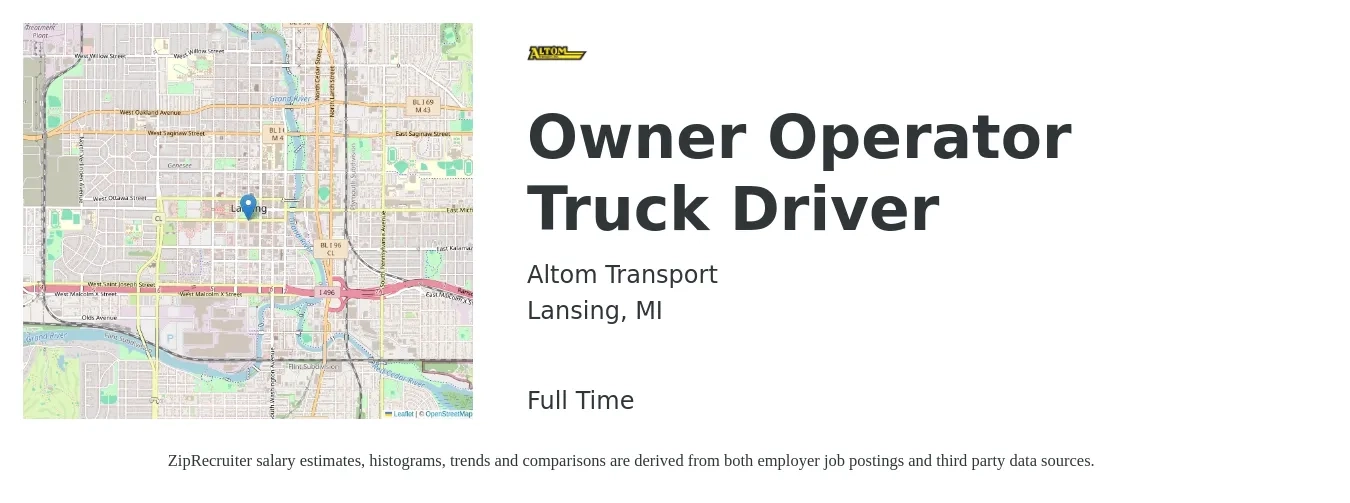 Altom Transport job posting for a Owner Operator Truck Driver in Lansing, MI with a salary of $2,540 to $6,900 Weekly with a map of Lansing location.