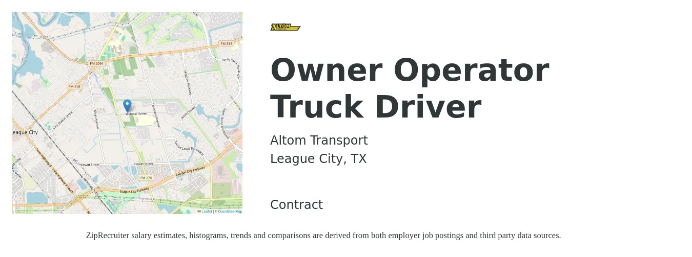 Altom Transport job posting for a Owner Operator Truck Driver in League City, TX with a salary of $2,140 to $5,820 Weekly with a map of League City location.