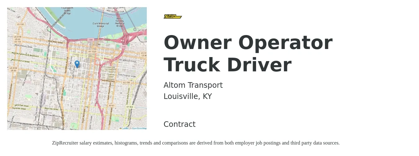 Altom Transport job posting for a Owner Operator Truck Driver in Louisville, KY with a salary of $2,400 to $6,530 Weekly with a map of Louisville location.