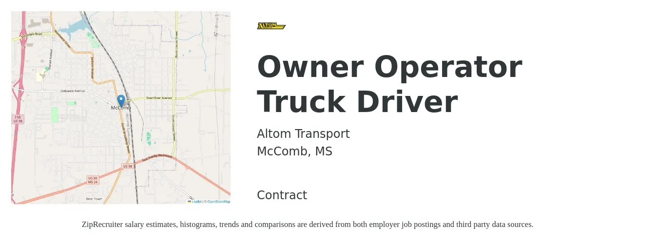 Altom Transport job posting for a Owner Operator Truck Driver in McComb, MS with a salary of $2,160 to $5,860 Weekly with a map of McComb location.