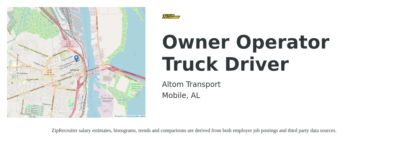 Altom Transport job posting for a Owner Operator Truck Driver in Mobile, AL with a salary of $2,480 to $6,750 Weekly with a map of Mobile location.