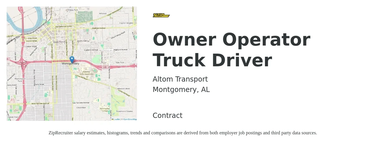 Altom Transport job posting for a Owner Operator Truck Driver in Montgomery, AL with a salary of $2,470 to $6,730 Weekly with a map of Montgomery location.