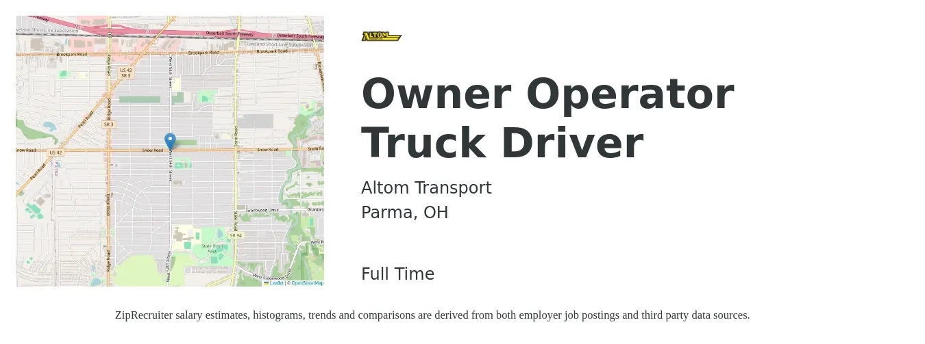 Altom Transport job posting for a Owner Operator Truck Driver in Parma, OH with a salary of $2,370 to $6,460 Weekly with a map of Parma location.