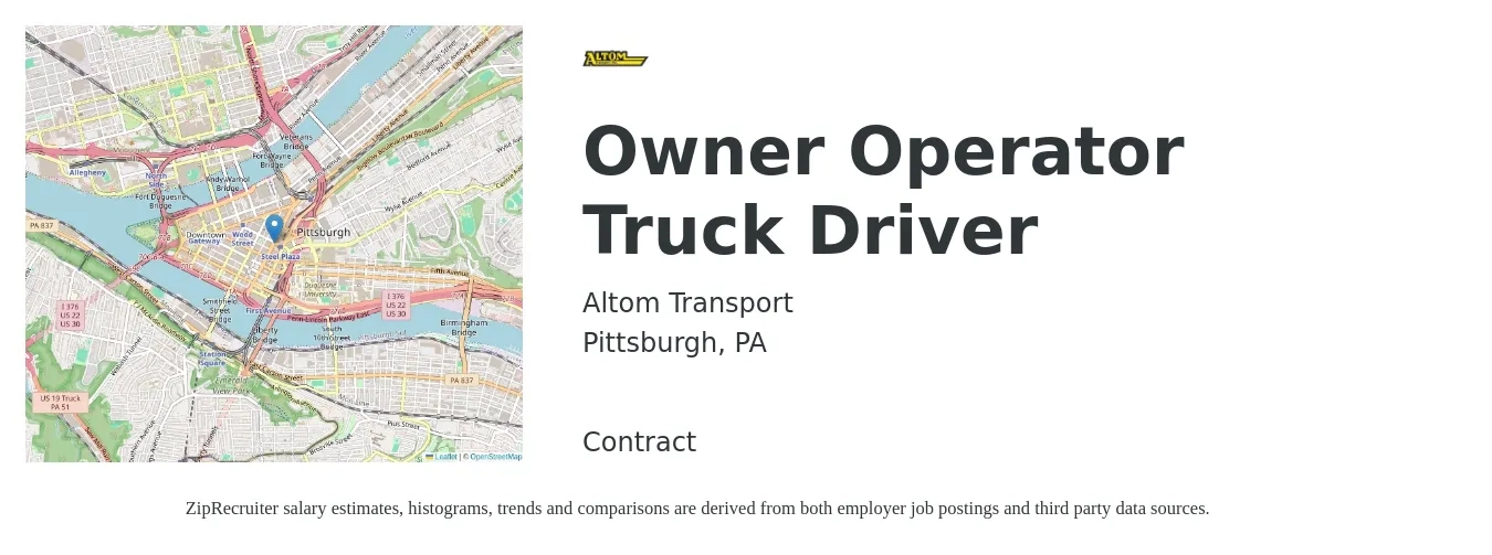 Altom Transport job posting for a Owner Operator Truck Driver in Pittsburgh, PA with a salary of $2,430 to $6,600 Weekly with a map of Pittsburgh location.
