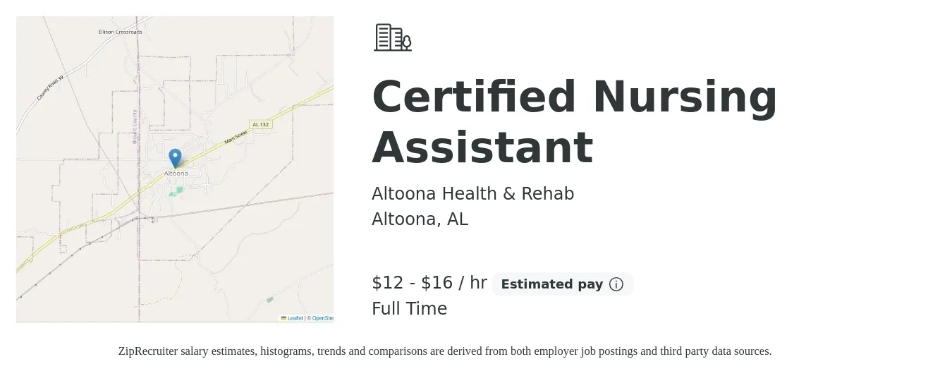 Altoona Health & Rehab job posting for a Certified Nursing Assistant in Altoona, AL with a salary of $14 to $18 Hourly with a map of Altoona location.