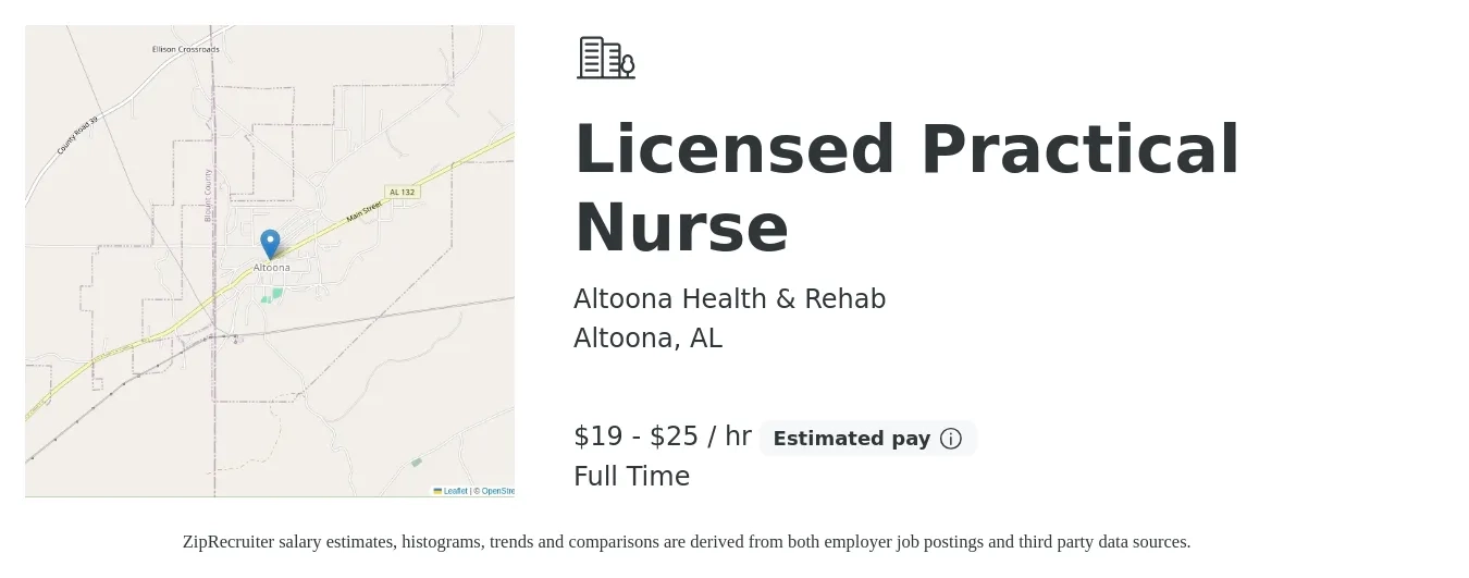 Altoona Health & Rehab job posting for a Licensed Practical Nurse in Altoona, AL with a salary of $20 to $26 Hourly with a map of Altoona location.
