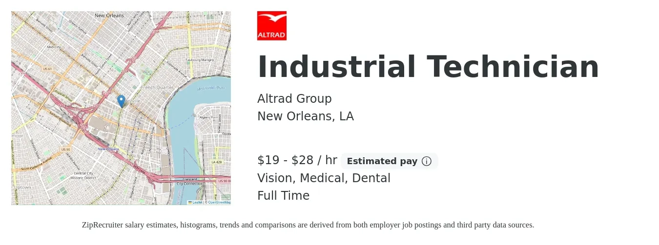 Altrad Group job posting for a Industrial Technician in New Orleans, LA with a salary of $20 to $30 Hourly and benefits including dental, life_insurance, medical, retirement, and vision with a map of New Orleans location.