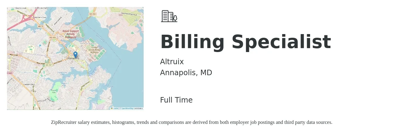 Altruix job posting for a Billing Specialist in Annapolis, MD with a salary of $19 to $26 Hourly with a map of Annapolis location.