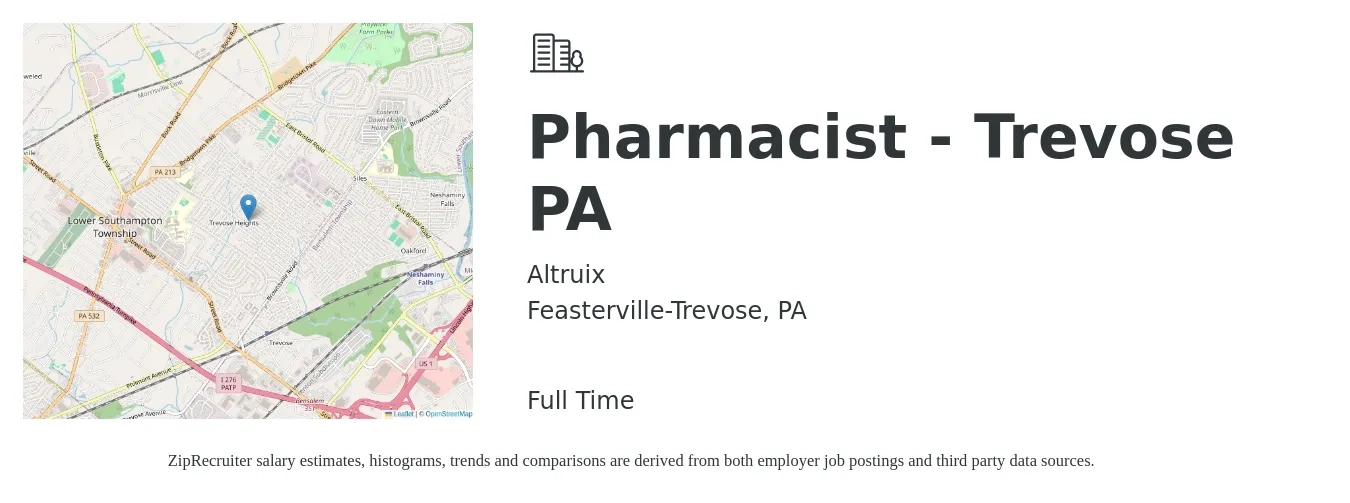 Altruix job posting for a Pharmacist - Trevose PA in Feasterville-Trevose, PA with a salary of $55 to $66 Hourly with a map of Feasterville-Trevose location.