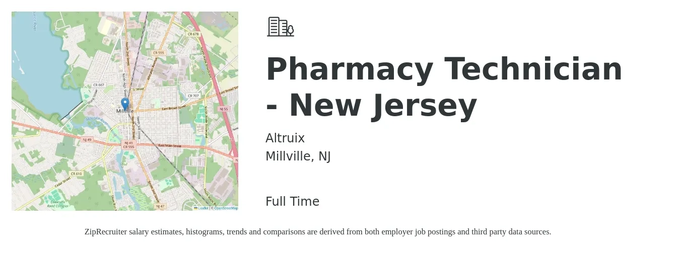 Altruix job posting for a Pharmacy Technician - New Jersey in Millville, NJ with a salary of $16 to $20 Hourly with a map of Millville location.