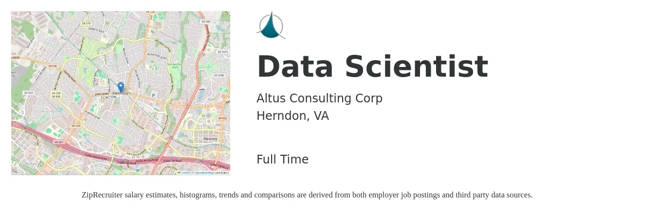 Altus Consulting Corp job posting for a Data Scientist in Herndon, VA with a salary of $101,200 to $139,700 Yearly with a map of Herndon location.