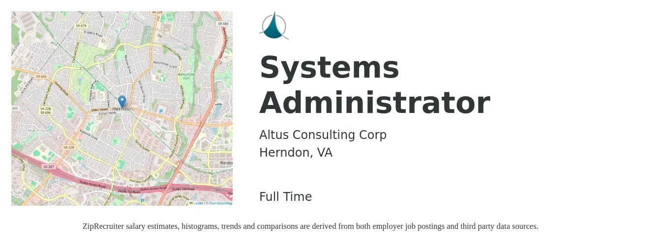 Altus Consulting Corp job posting for a Systems Administrator in Herndon, VA with a salary of $71,900 to $106,900 Yearly with a map of Herndon location.