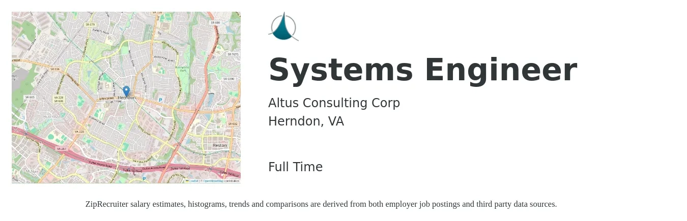 Altus Consulting Corp job posting for a Systems Engineer in Herndon, VA with a salary of $100,700 to $161,300 Yearly with a map of Herndon location.