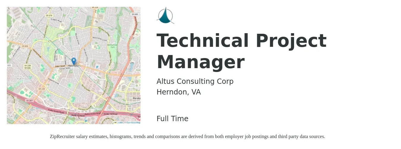 Altus Consulting Corp job posting for a Technical Project Manager in Herndon, VA with a salary of $98,600 to $138,200 Yearly with a map of Herndon location.