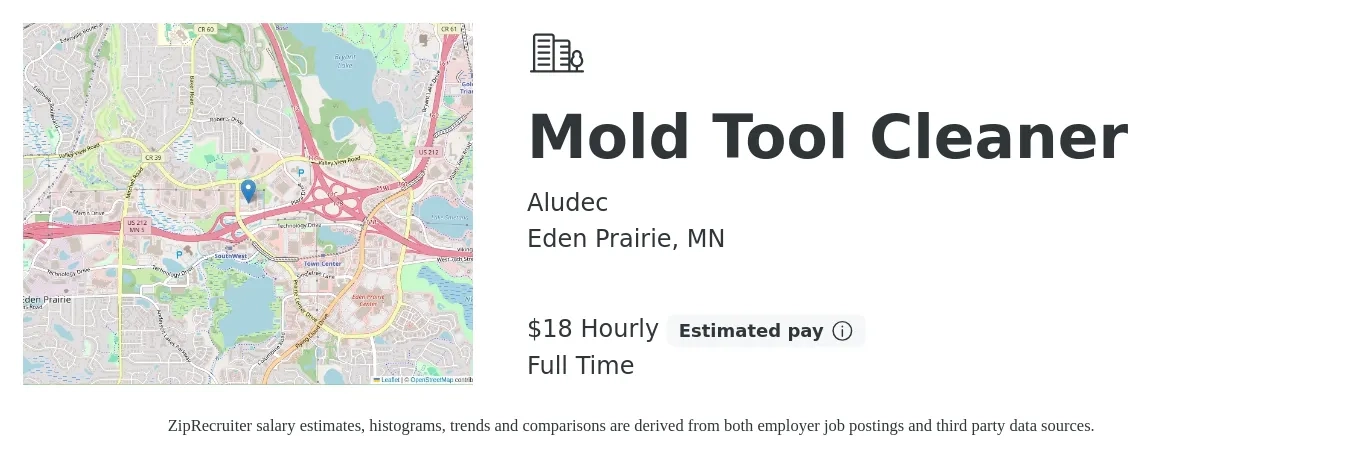 Aludec job posting for a Mold Tool Cleaner in Eden Prairie, MN with a salary of $19 Hourly with a map of Eden Prairie location.