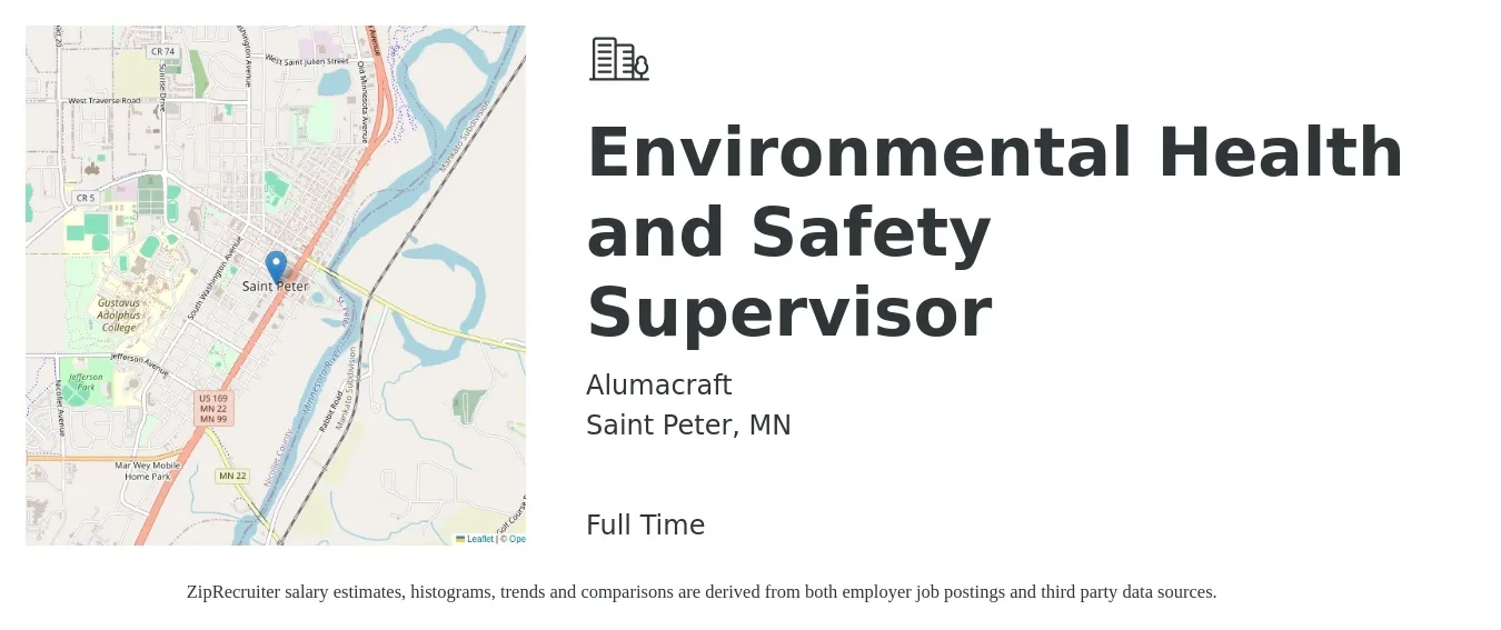 Alumacraft job posting for a Environmental Health and Safety Supervisor in Saint Peter, MN with a salary of $92,200 to $125,000 Yearly with a map of Saint Peter location.