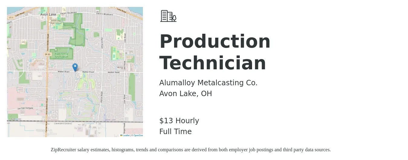 Alumalloy Metalcasting Co. job posting for a Production Technician in Avon Lake, OH with a salary of $14 Hourly with a map of Avon Lake location.
