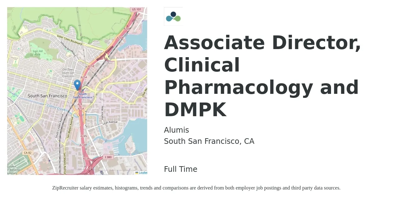 Alumis job posting for a Associate Director, Clinical Pharmacology and DMPK in South San Francisco, CA with a salary of $69,600 to $226,300 Yearly with a map of South San Francisco location.