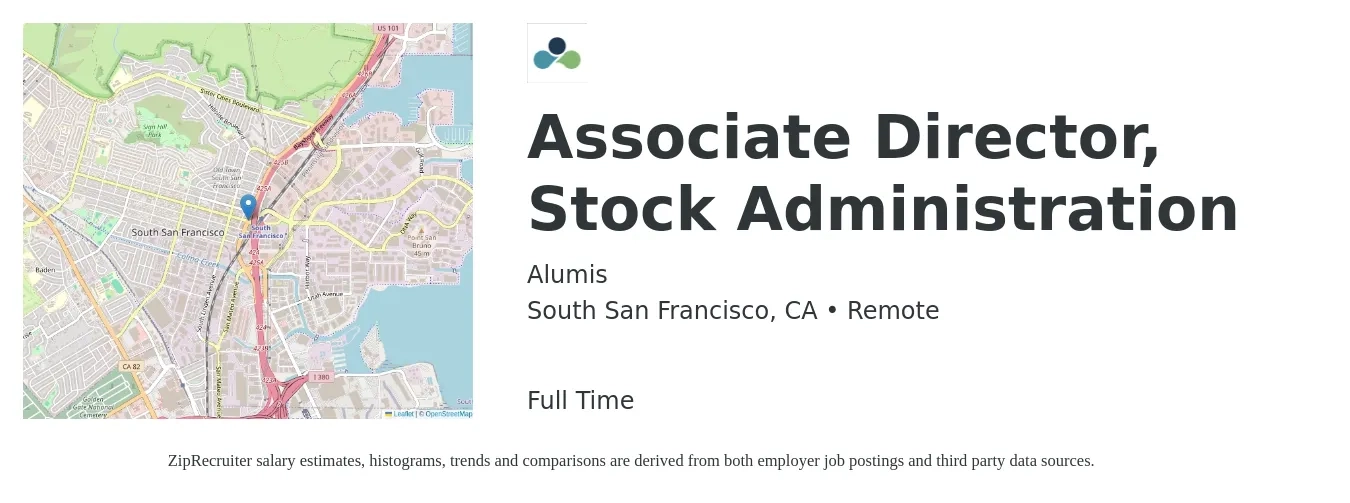 Alumis job posting for a Associate Director, Stock Administration in South San Francisco, CA with a salary of $205 Weekly with a map of South San Francisco location.