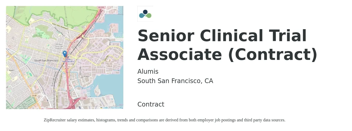 Alumis job posting for a Senior Clinical Trial Associate (Contract) in South San Francisco, CA with a salary of $40 to $55 Hourly with a map of South San Francisco location.