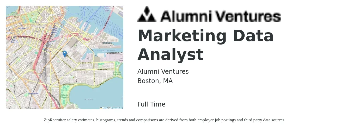 Alumni Ventures job posting for a Marketing Data Analyst in Boston, MA with a salary of $39 to $61 Hourly with a map of Boston location.