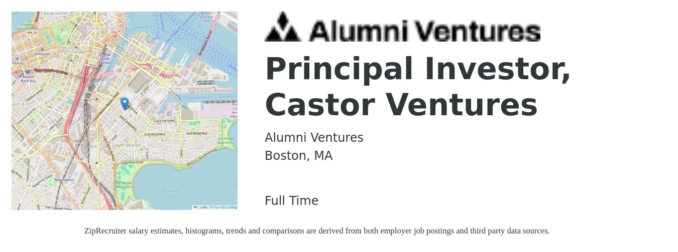 Alumni Ventures job posting for a Principal Investor, Castor Ventures in Boston, MA with a salary of $150,000 to $175,000 Yearly with a map of Boston location.