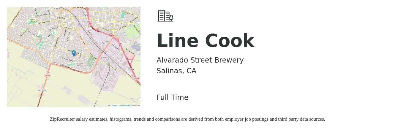 Alvarado Street Brewery job posting for a Line Cook in Salinas, CA with a salary of $20 to $21 Hourly with a map of Salinas location.