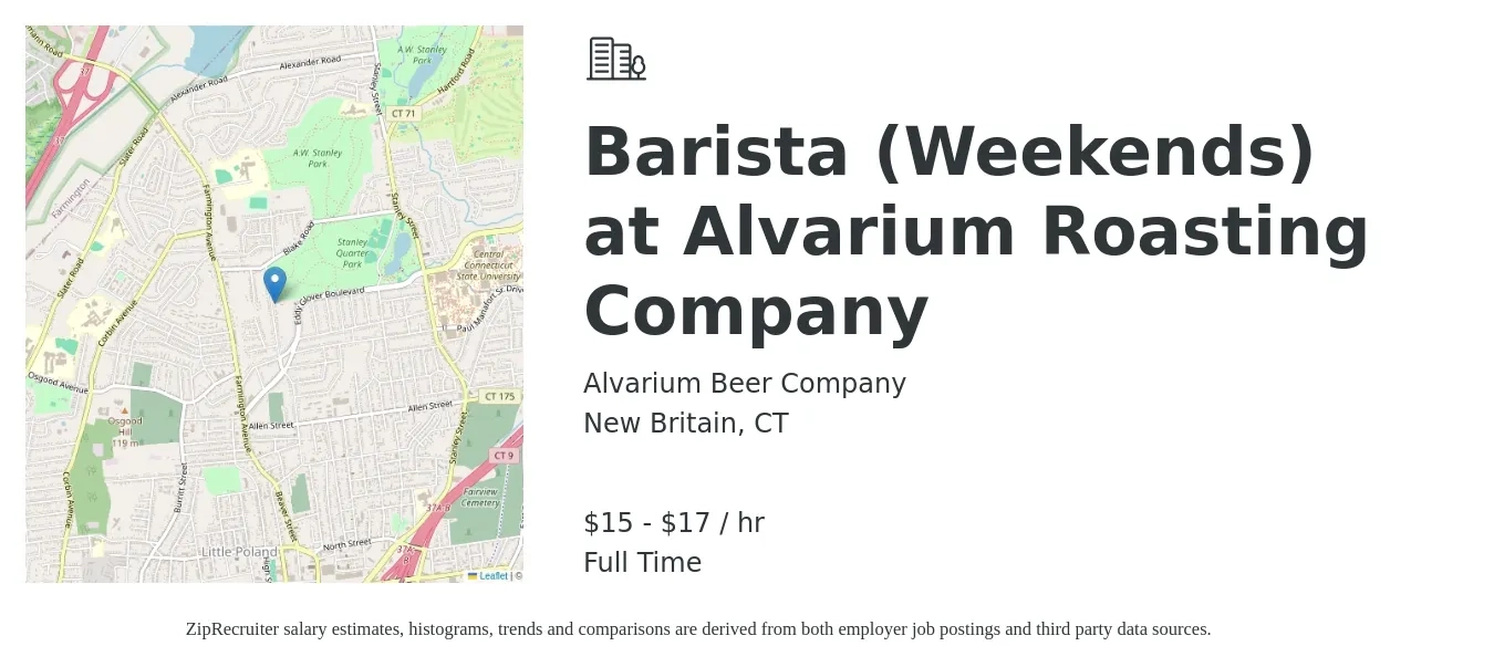Alvarium Beer Company job posting for a Barista (Weekends) at Alvarium Roasting Company in New Britain, CT with a salary of $16 to $18 Hourly with a map of New Britain location.