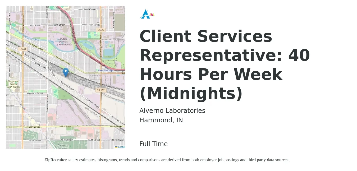Alverno Laboratories job posting for a Client Services Representative: 40 Hours Per Week (Midnights) in Hammond, IN with a salary of $16 to $21 Hourly with a map of Hammond location.