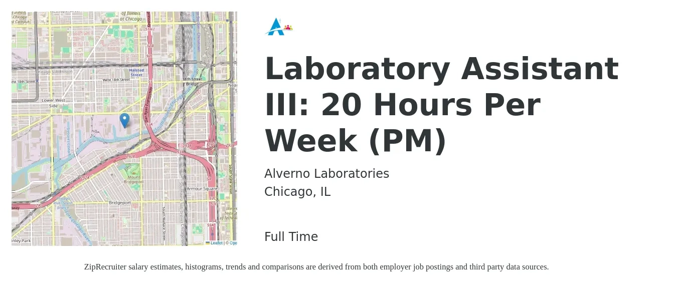 Alverno Laboratories job posting for a Laboratory Assistant III: 20 Hours Per Week (PM) in Chicago, IL with a salary of $17 to $24 Hourly with a map of Chicago location.