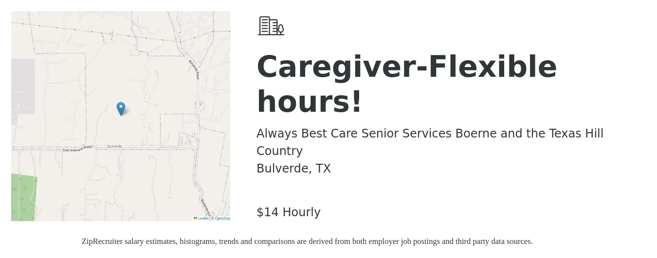 Always Best Care Senior Services Boerne and the Texas Hill Country job posting for a Caregiver-Flexible hours! in Bulverde, TX with a salary of $15 Hourly with a map of Bulverde location.