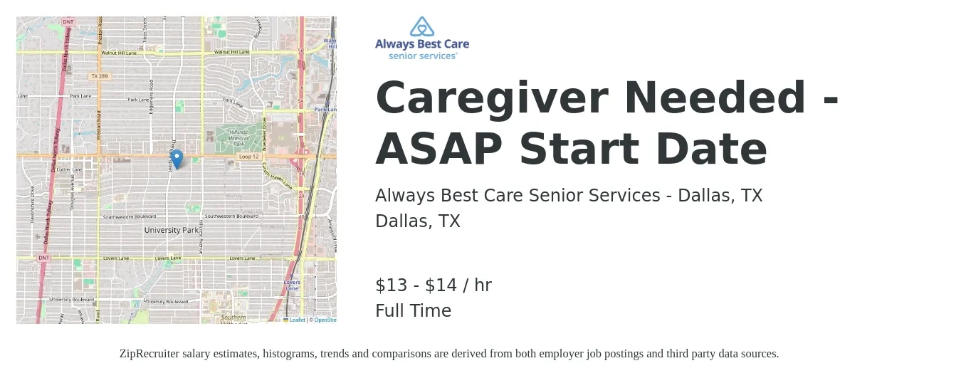 Always Best Care Senior Services - Dallas, TX job posting for a Caregiver Needed - ASAP Start Date in Dallas, TX with a salary of $14 to $15 Hourly with a map of Dallas location.