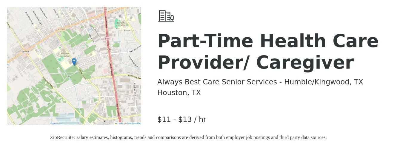 Always Best Care Senior Services - Humble/Kingwood, TX job posting for a Part-Time Health Care Provider/ Caregiver in Houston, TX with a salary of $12 to $14 Hourly with a map of Houston location.