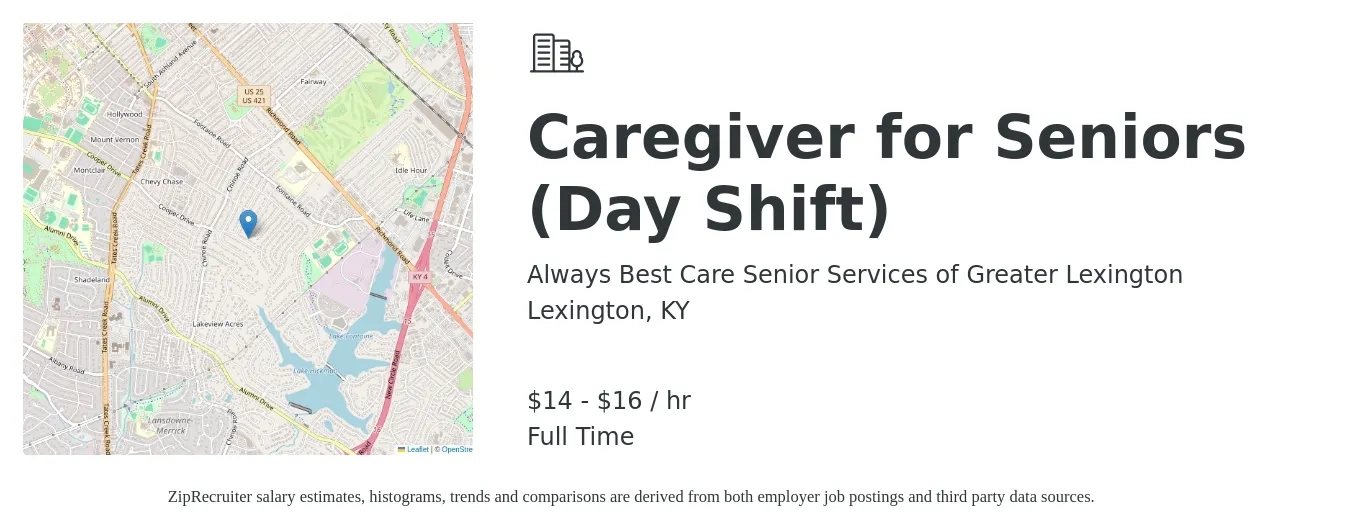 Always Best Care Senior Services of Greater Lexington job posting for a Caregiver for Seniors (Day Shift) in Lexington, KY with a salary of $15 to $18 Hourly with a map of Lexington location.