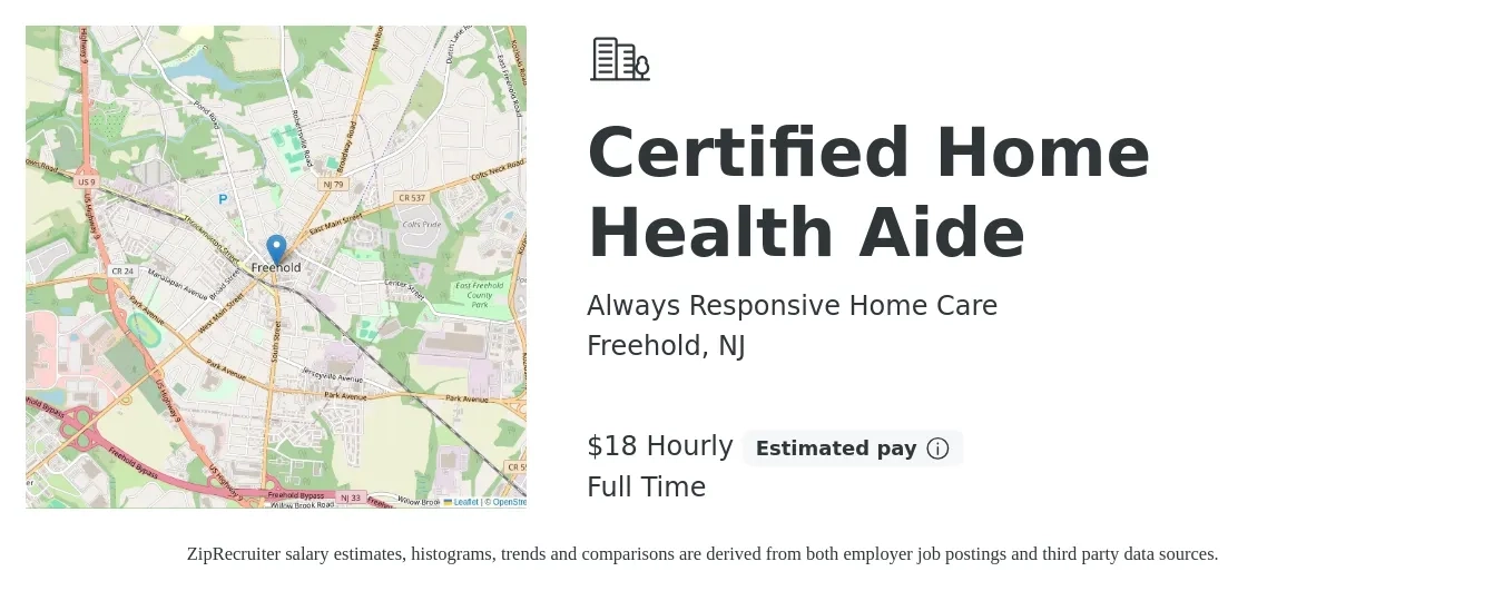 Always Responsive Home Care job posting for a Certified Home Health Aide in Freehold, NJ with a salary of $19 Hourly with a map of Freehold location.