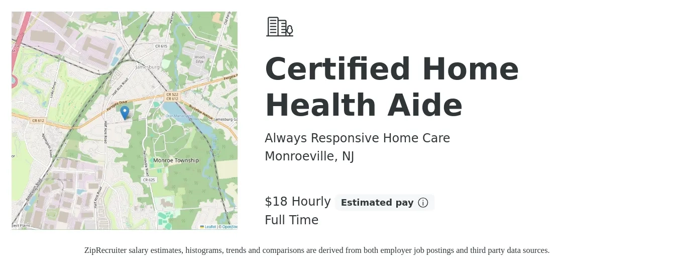 Always Responsive Home Care job posting for a Certified Home Health Aide in Monroeville, NJ with a salary of $19 Hourly with a map of Monroeville location.