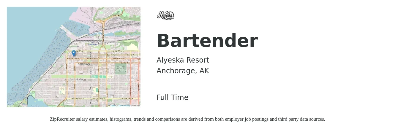 Alyeska Resort job posting for a Bartender in Anchorage, AK with a salary of $10 to $19 Hourly with a map of Anchorage location.