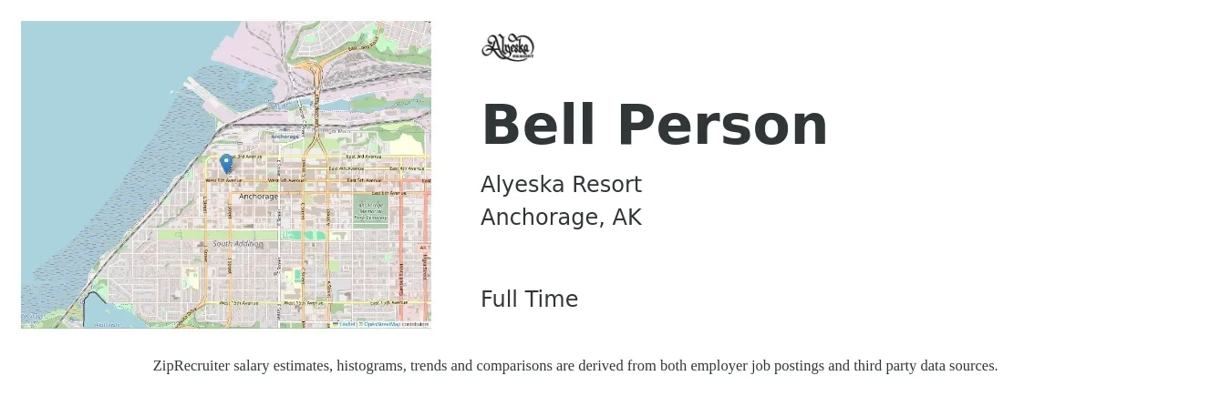 Alyeska Resort job posting for a Bell Person in Anchorage, AK with a salary of $12 to $16 Hourly with a map of Anchorage location.
